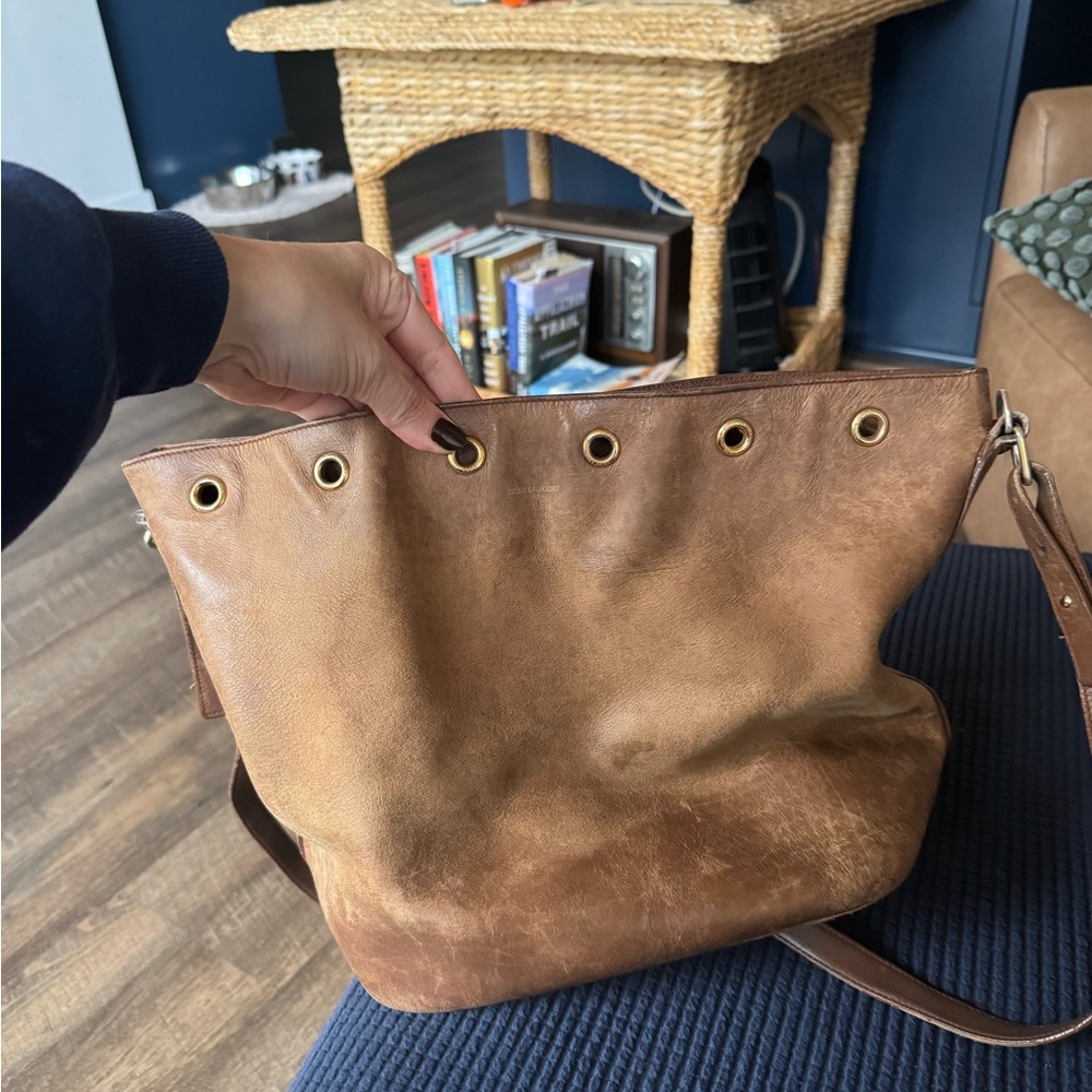 Saint Laurent Tan Leather Bag with Gold Accents